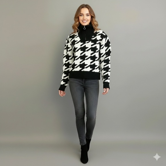 Houndstooth Turtle Neck Black & White Sweater Jumper with Zip Up Collar. - Picture 14 of 14
